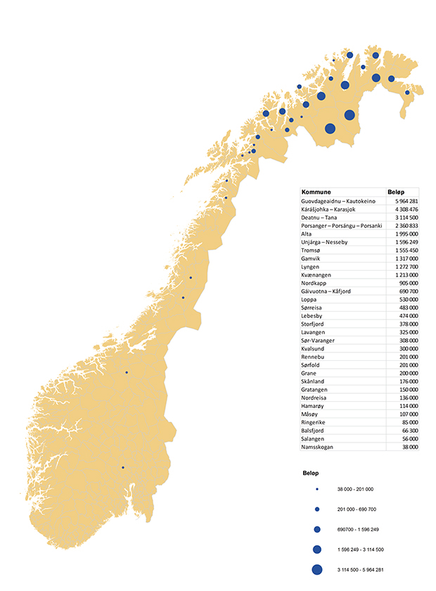 Figur 1.5 Kartet viser fordelingen kommunevis av de innvilgede tilskuddene i 2011 til søkerbaserte ordninger innenfor næring. 