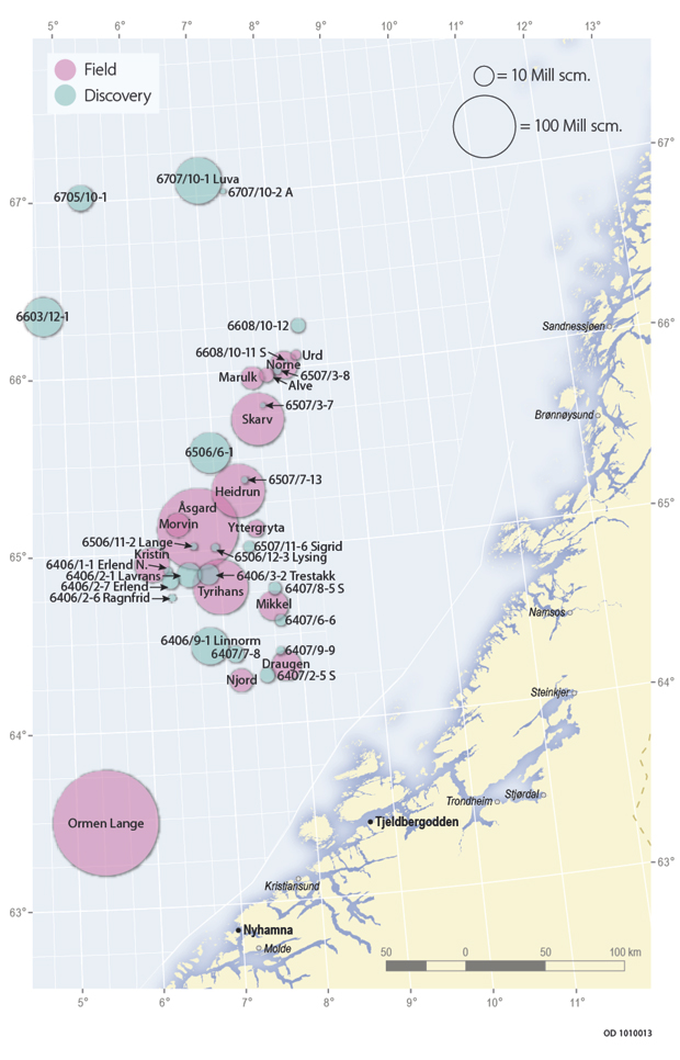 Figur 2.28 Fields and discoveries in the Norwegian Sea. The size of the circle indicates total remaining resource volume.