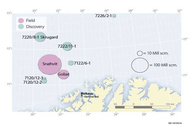 Figur 2.29 Fields and discoveries in the Barents Sea. The size of the circle indicates the total remaining resource volume.
