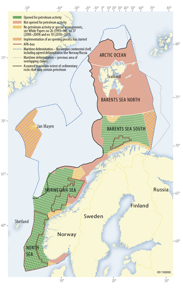 Figur 6.2 Opened and unopened areas on the Norwegian Shelf, estimated maximum spread of sedimentary rocks, for illustration purposes only.