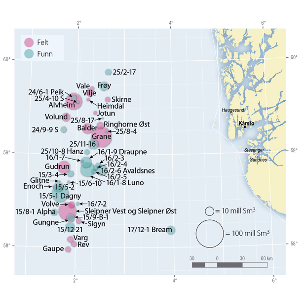 Figur 2.26 Felt og funn i midtre del av Nordsjøen. Størrelsen av sirkelen angir totalt gjenværende ressursvolum.