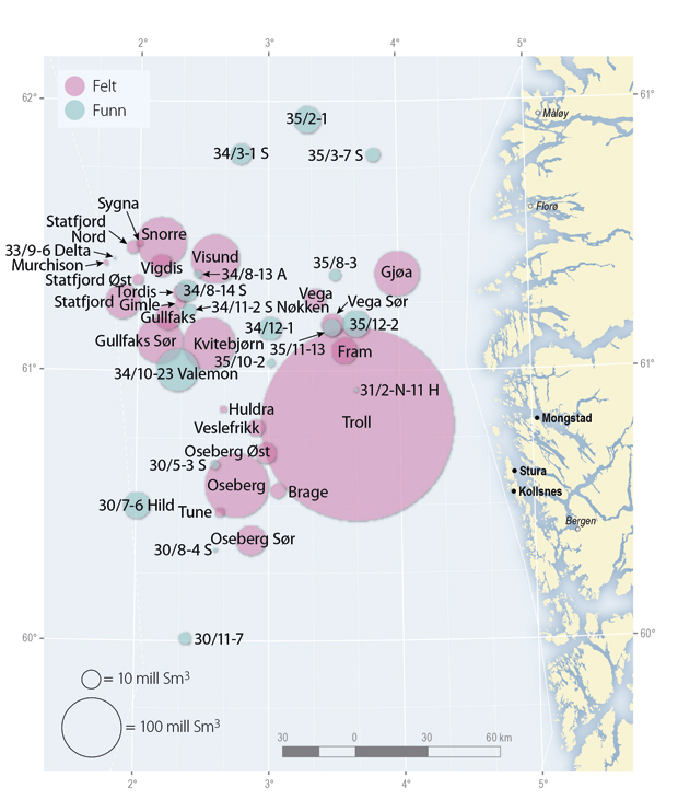 Figur 2.27 Felt og funn i nordlige del av Nordsjøen. Størrelsen av sirkelen angir totalt gjenværende ressursvolum.
