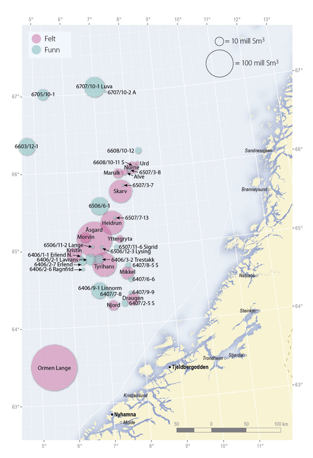Figur 2.28 Felt og funn i Norskehavet. Størrelsen av sirkelen angir totalt gjenværende ressursvolum.