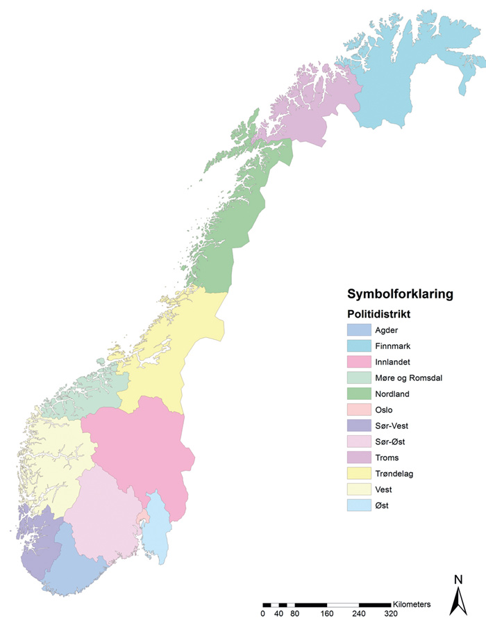 Figur 5.3 Politidistrikter i Norge etter 1.1.2016
