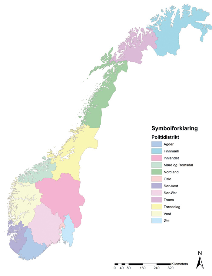 Figur 5.3 Politidistrikter i Norge etter 1.1.2016