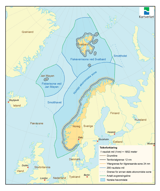Figur 2.1 viser dei ulike sonene under norsk jurisdiksjon og dei internasjonale havområda Smottholet i Barentshavet og Smotthavet i Norskehavet. 