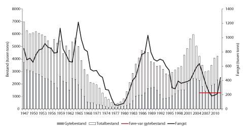 Figur 4.10 Utviklinga av bestand og fangst av nordsjøsild 1950 – 2012. Fangst og gytebestand i 2012 er prognosar. 