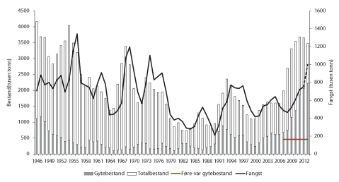 Figur 4.2 Utviklinga i bestand og fangst av nordaust-arktisk torsk 1946–2013. Fangst i 2012 og fangst og bestand i 2013 er prognosar. Fangst i 2013 = TAC. 