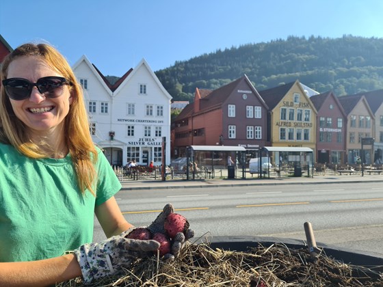 Bybonden, Ida Kleppe, haustar poteter, urter og grønsaker frå dyrkingskassane på Bryggen i Bergen, og inspirerer byfolk til å produsere mat.