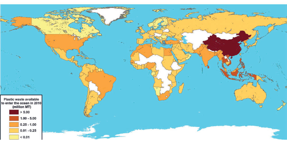 Figure 6.2 Map showing where plastic waste management problems are greatest, with risk of plastic ending up in the oceans. Countries marked in white are not included in the source data. Data from 2010.