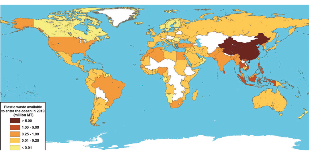 Figur 6.2 Kart som indikerer hvor det er størst problemer med håndtering av plastavfall med risiko for at det tilføres havet. Land som er markert med hvitt inngår ikke i datagrunnlaget. Data fra 2010.