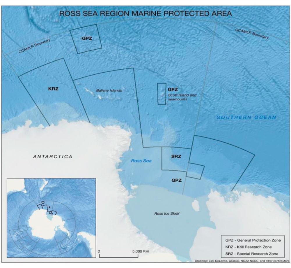Figur 6.6 Høsten 2016 ble medlemmene i CCAMLR enige om å opprette et verneområde i Rosshavet. Området er på størrelse med Norden og er verdens største marine verneområde.
