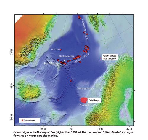 Figure 3-5.EPS Registered seamounts (higher than 1 km) in the Norwegian
 Sea. The Håkon Mosby mud ­volcano and an area
 of cold seeps (Nyegga) are also shown