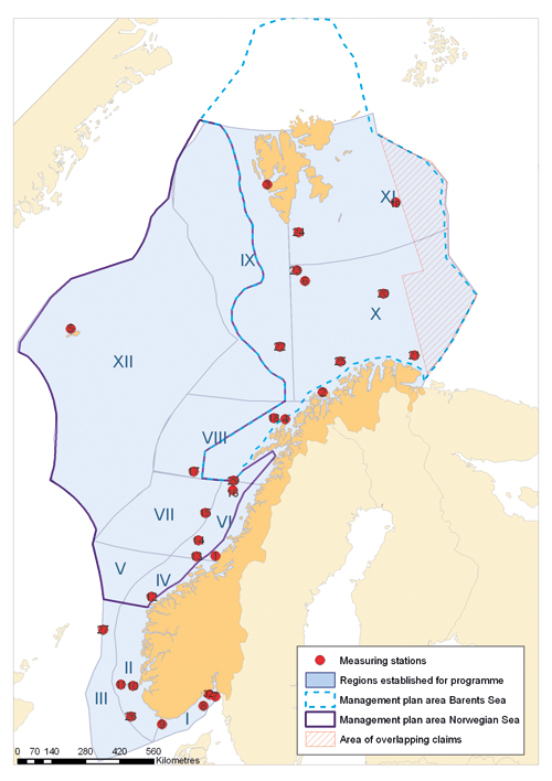 Figure 9-4.EPS Measuring stations for the Marine Pollution Monitoring Programme
 in the Norwegian Sea