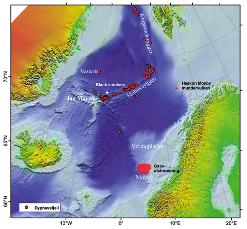 Figur 3.5 Forekomst av dyphavsfjell (høyere enn 1 km)
 i Norskehavet. «Håkon Mosby» muddervulkan
 og et utstrømningsområde på Nyegga er
 også avmerket