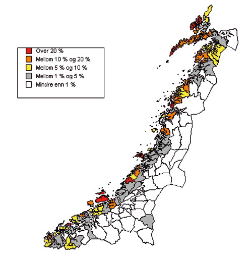 Figur 4.1 Sysselsatte i fiske og fangst, fiskeoppdrett og fiskeforedling
 i 2007 som andel av totalsysselssettingen i kommunene i Møre
 og Romsdal, Sør-Trøndelag, Nord-Trøndelag
 og Nordland