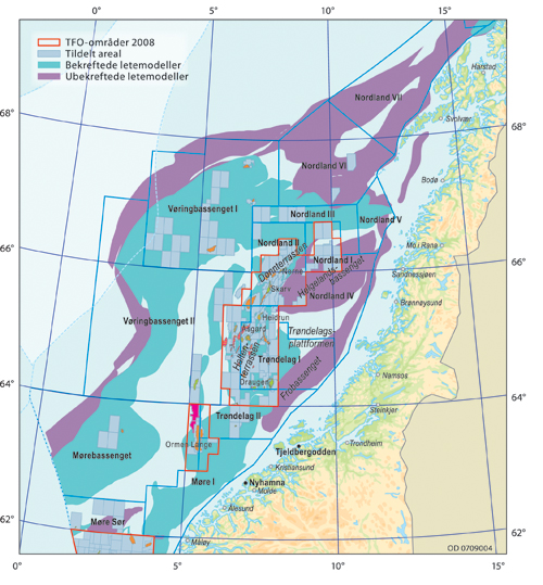 Figur 4.4 Oversikt over letemodeller og petroleumsvirksomhet i Norskehavet