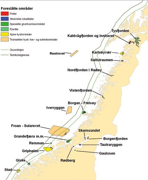 Figur 7.1 Områder i Norskehavsregionen foreslått av
 råd­givende utvalg for nasjonal marin verneplan