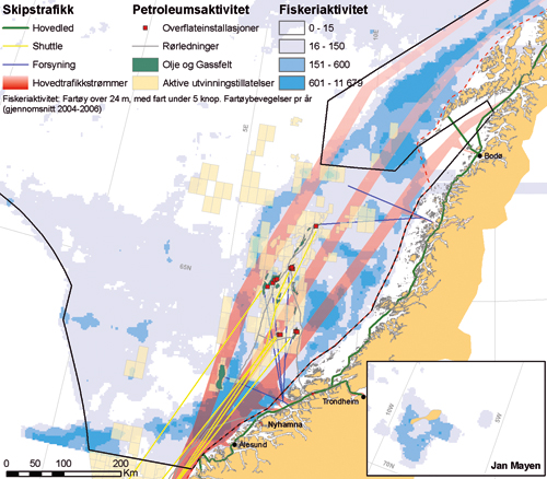 Figur 8.3 Oversikt over skipstrafikk, petroleumsvirksomhet og fiskeriaktivitet
 i Norskehavet