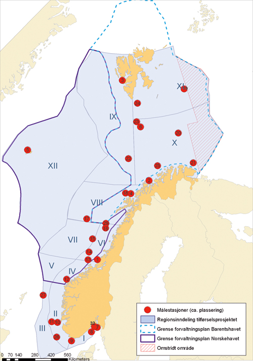Figur 9.4 Tilførselsprogrammets målestasjoner i norske
 havområder