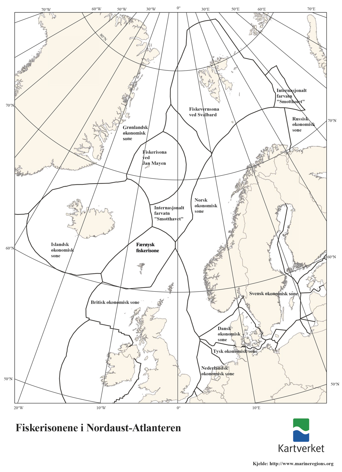 Figur 2.1 Kart som viser dei ulike fiskerisonene i Nordaust-Atlanteren.