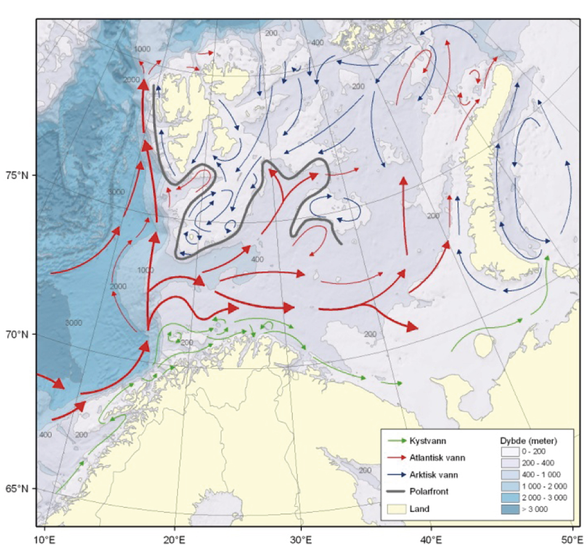 Figur 4.1 Barentshavet – straumar og djupn.
