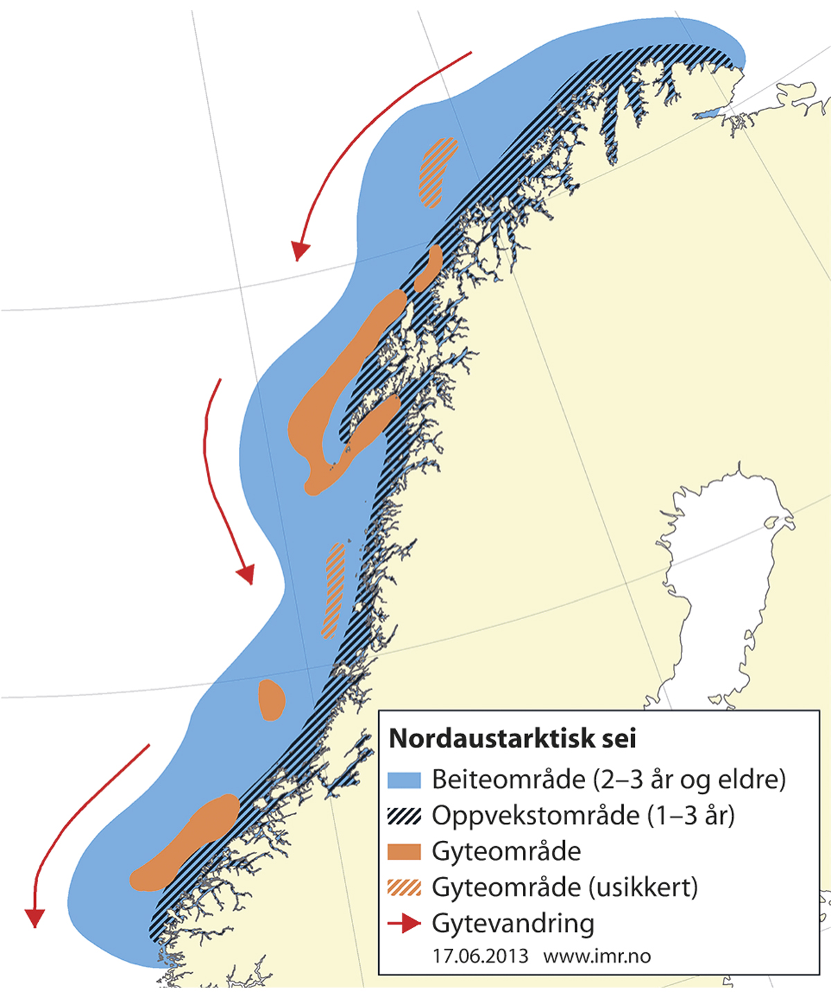 Figur 4.12 Utbreiingsområde og gyteområde for nordaustarktisk sei.