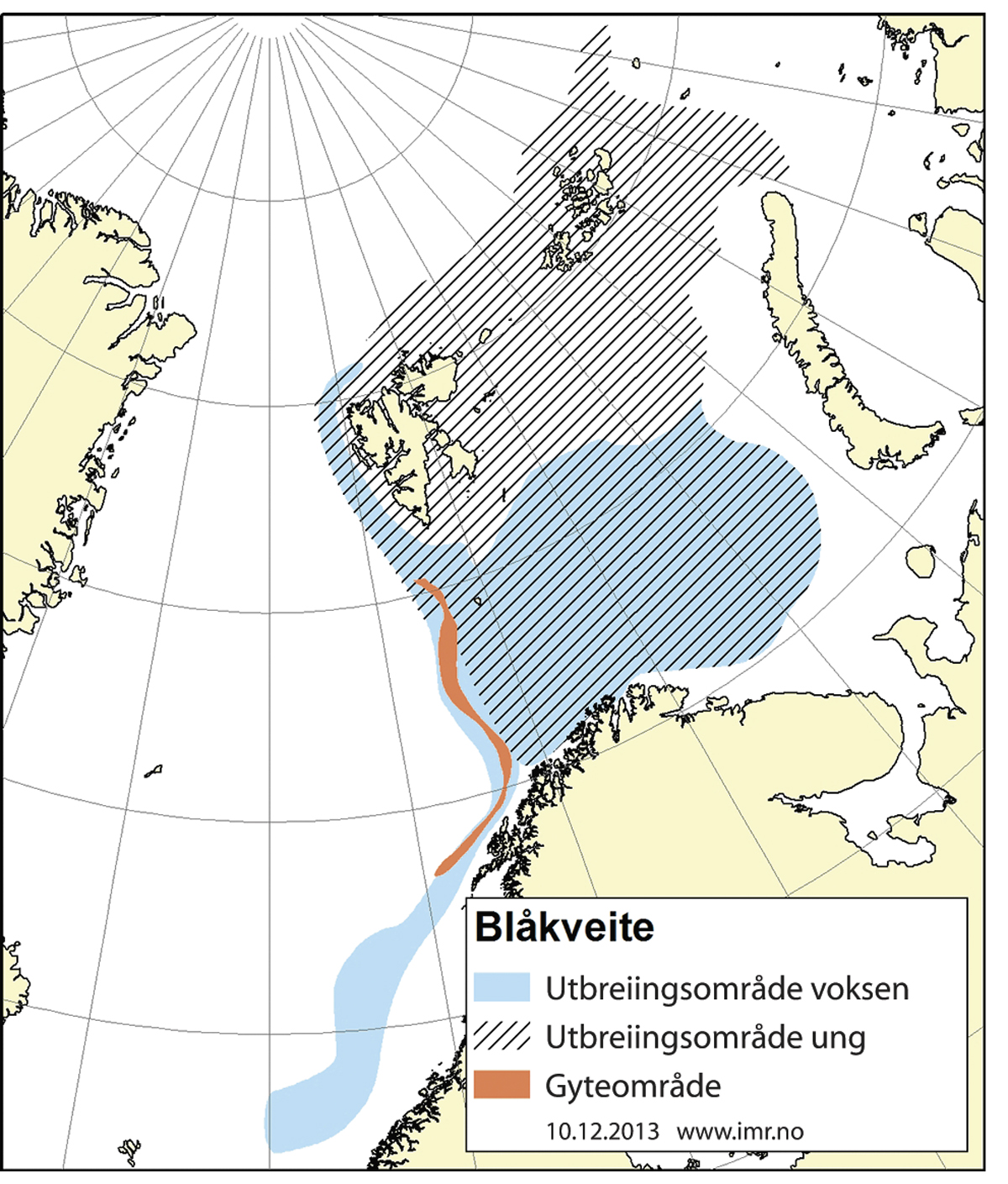Figur 4.15 Utbreiingsområde og gyteområde for nordaustarktisk blåkveite.
