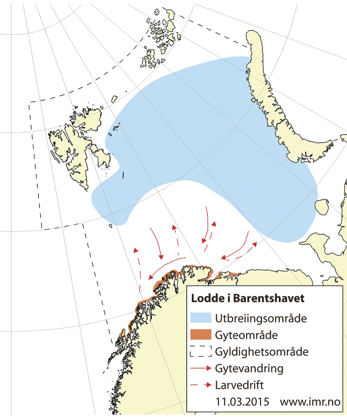 Figur 4.21 Utbreiingsområde og gyteområde for lodde i Barentshavet.