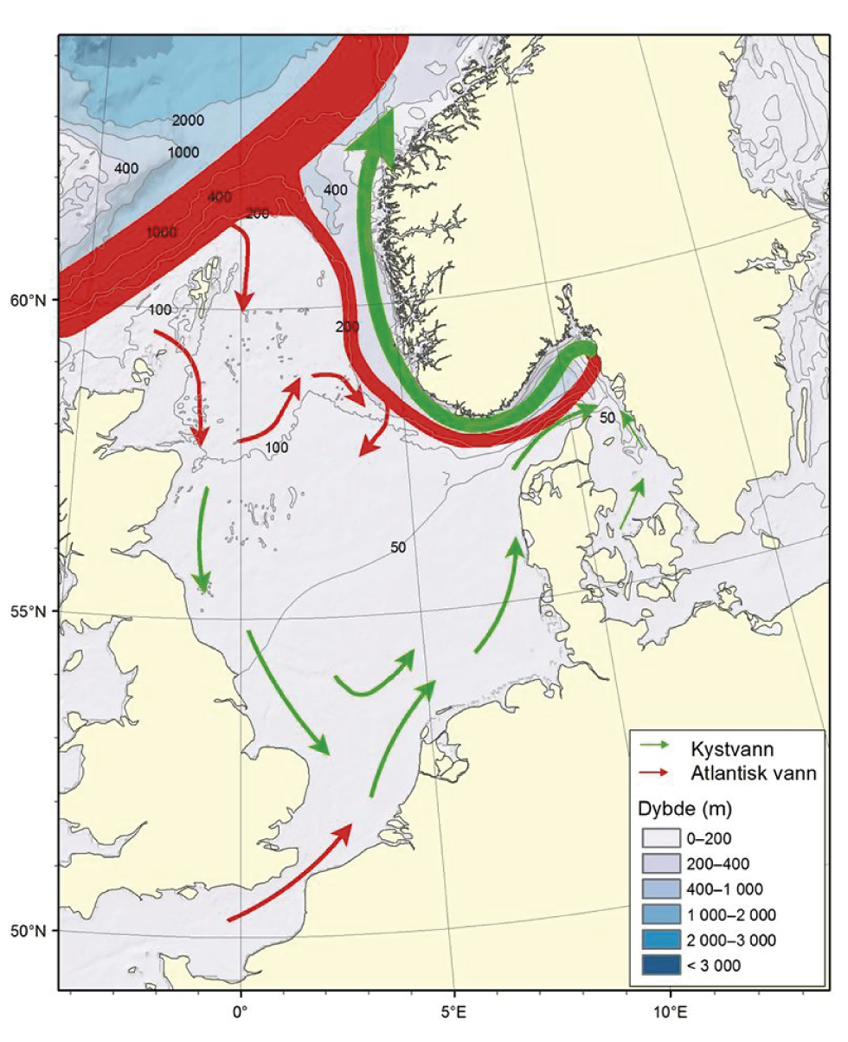 Figur 4.35 Nordsjøen og Skagerrak – straumar og djupn.
