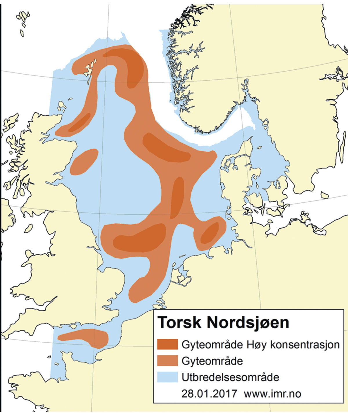 Figur 4.45 Utbreiingsområde og gyteområde for torsk i Nordsjøen, Skagerrak og austdelen av Den engelske kanalen.