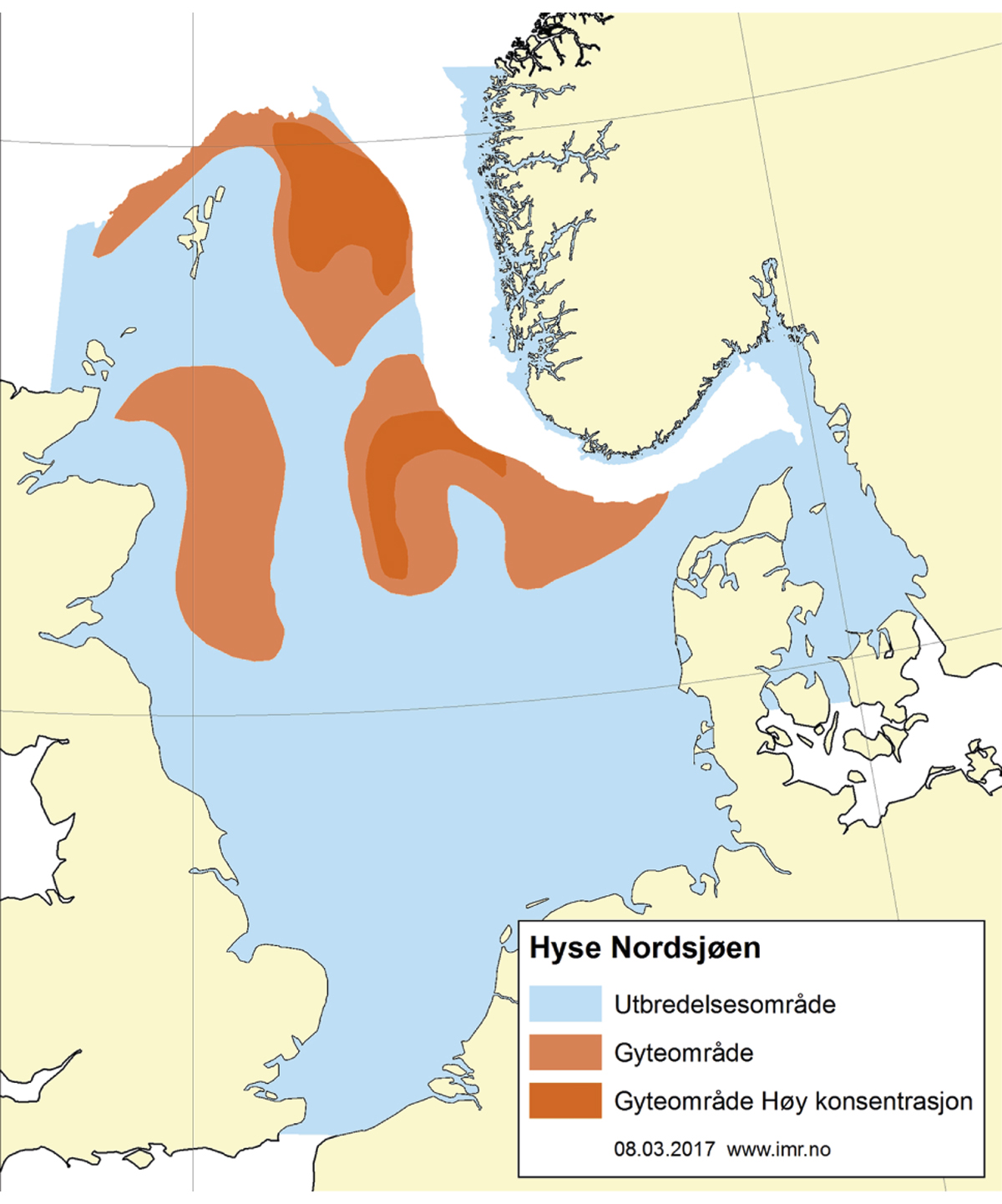 Figur 4.48 Utbreiingsområde og gyteområde for hyse i Nordsjøen, Skagerrak og vest for Skottland.