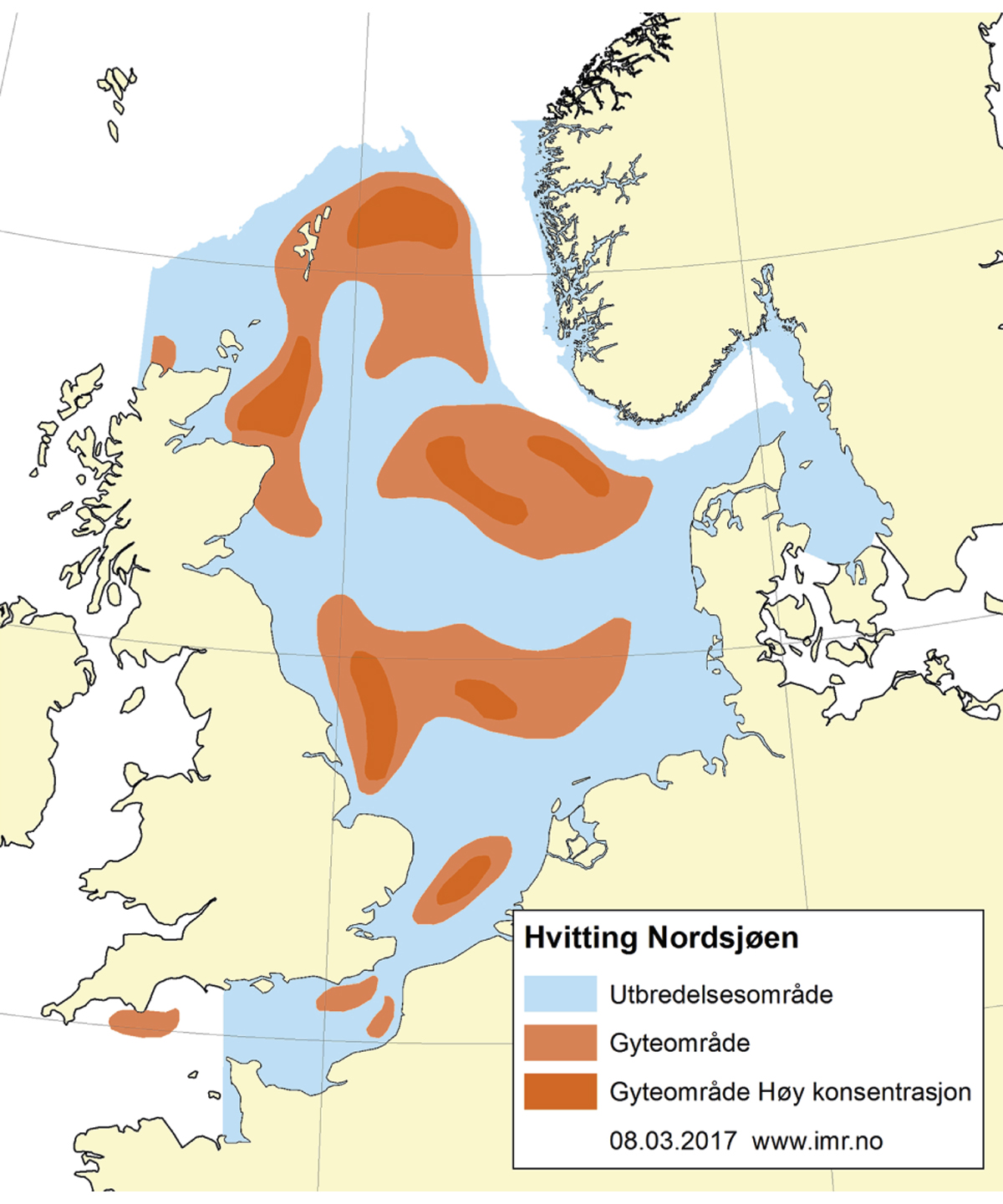Figur 4.51 Utbreiingsområde og gyteområde for kviting i Nordsjøen og austdelen av Den engelske kanalen.
