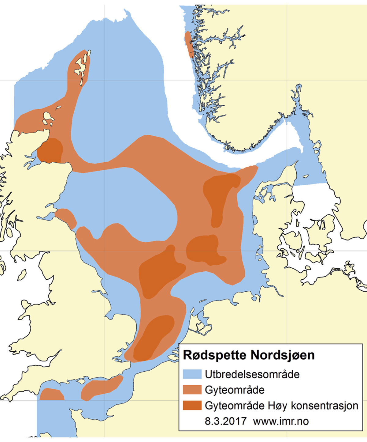 Figur 4.54 Utbreiingsområde og gyteområde for raudspette i Nordsjøen og Skagerrak.