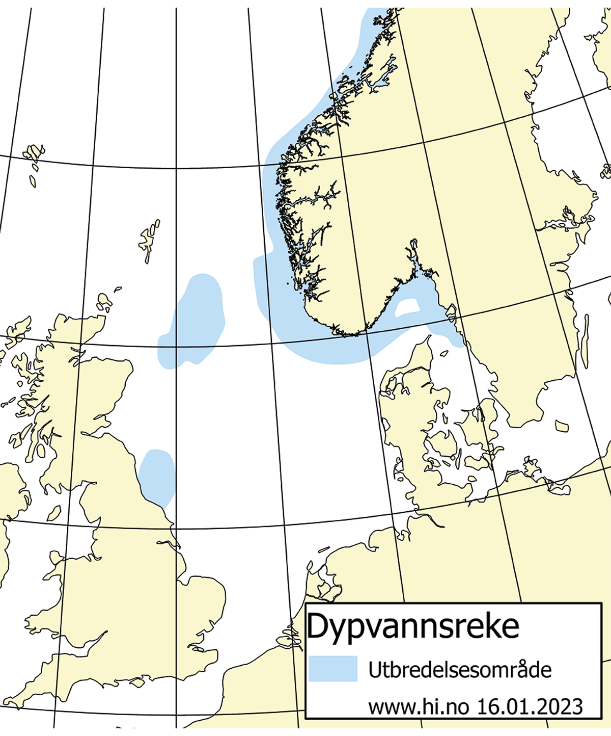 Figur 4.57 Utbreiingsområde og gyteområde for reke i Skagerrak.