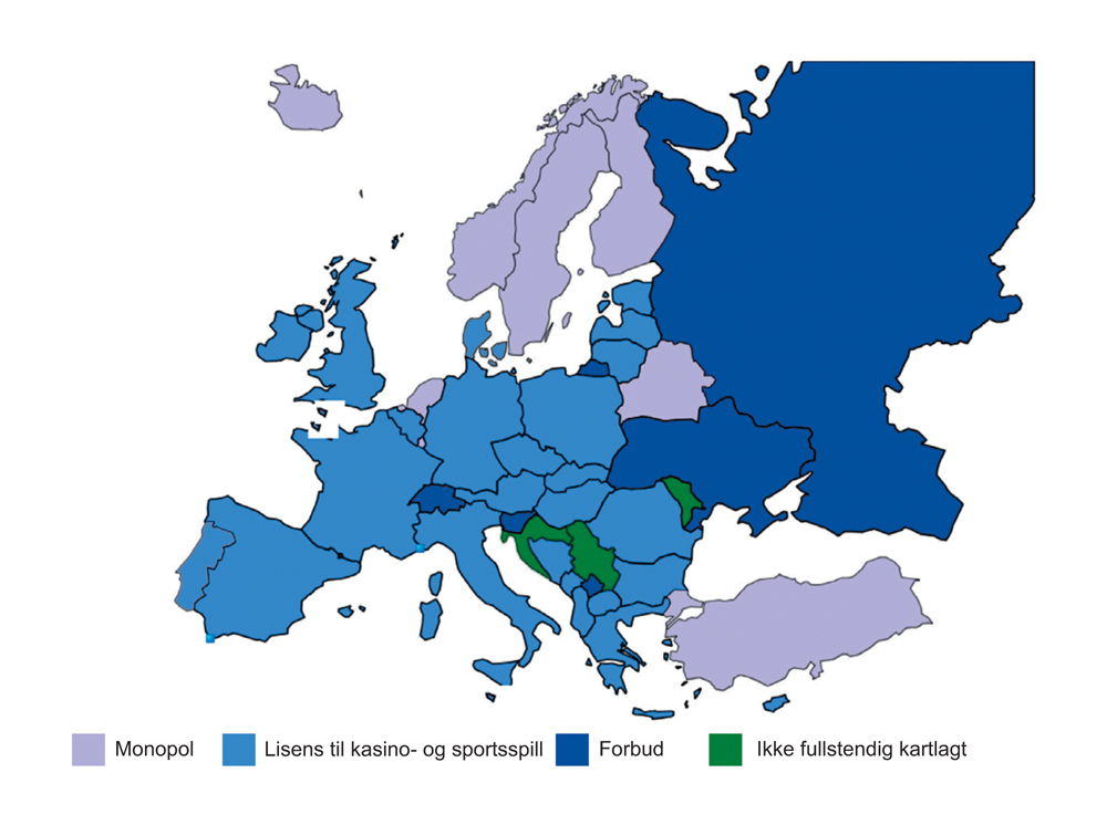 Figur 7.2 Lisenssystem for odds- og kasinospel i Europa, per 1.1.2015
