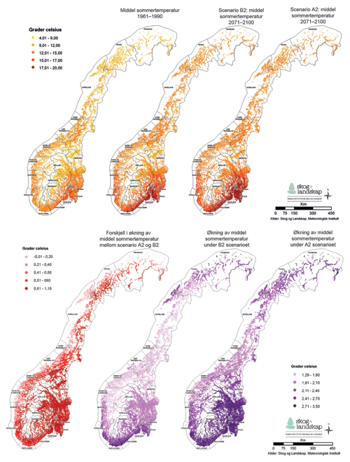 Figur 2.2 Arealfordeling av dyrket og dyrkbar mark i Norge fordelt på dagens
 og framtidige klimasoner. Temperatursonene arealene fordeles på er
 levert av Meteorologisk institutt. Framtidige temperatursoner er
 basert på klimascenarioene A2 og B2 (FNs klim...