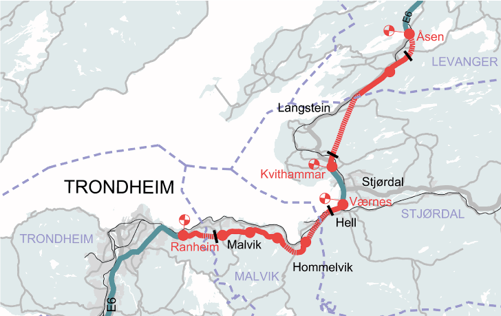 Figur 5.1 Plassering av bomsnitt på ny E6 Ranheim – Åsen
