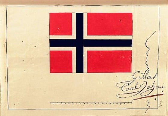 Bilde av kong Karl Johans godkjenning av det norske flagg på gulnet papir med signaur