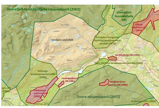 Hjerkinn kart skytefelt med omkringliggende verneområder