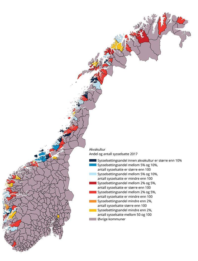 Figur 3.13 Havbruksnæringen i norske kommuner. Andel og antall sysselsatte av totalt 8 000
