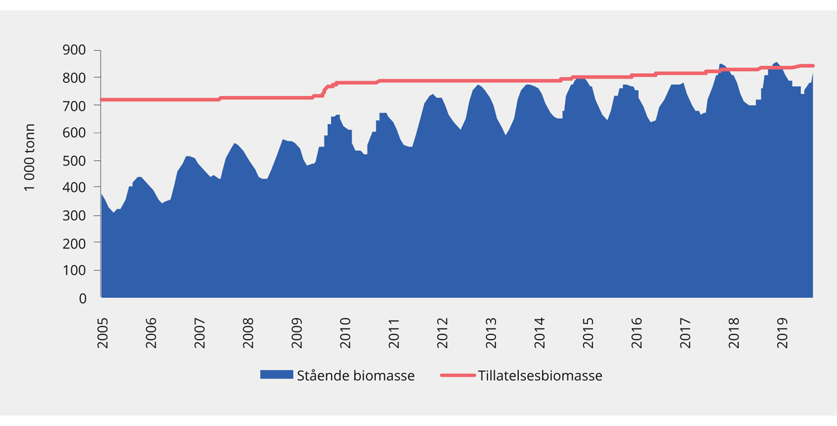 Figur 3.16 Utvikling i teoretisk kapasitet og stående biomasse. 2005–2018. 1 000 tonn1