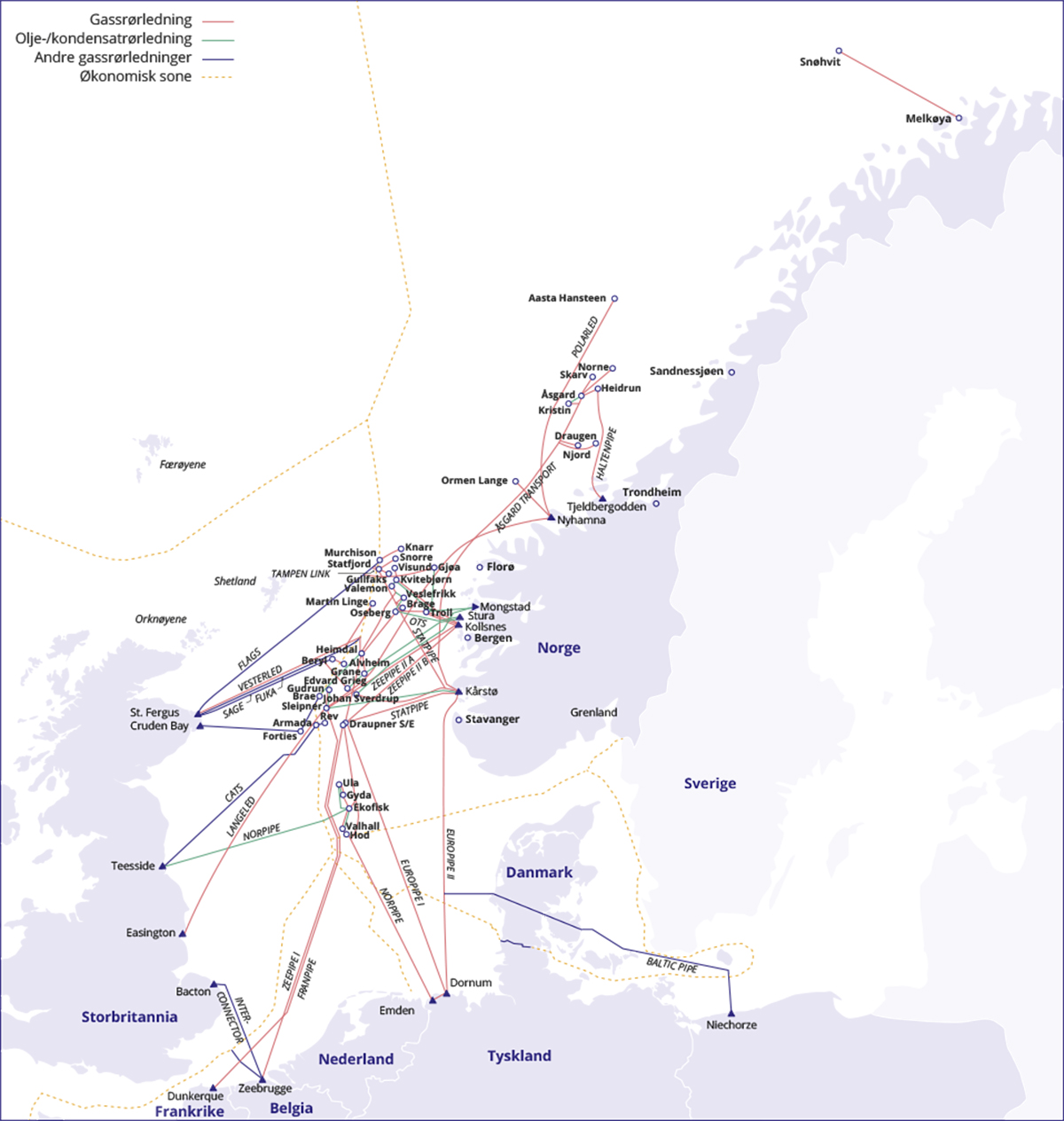 Figur 12.13 Kart over eksisterende infrastruktur på norsk sokkel.