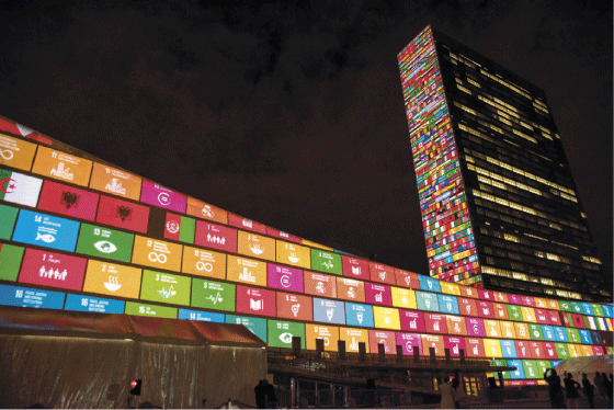 Figure 2.1 The Sustainable Development Goals projected onto the UN headquarters in New York.
