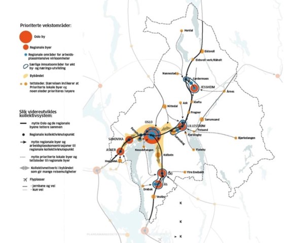 Kartet viser regional areal- og transportstruktur med prioriterte vekstområder og kollektivsystem.