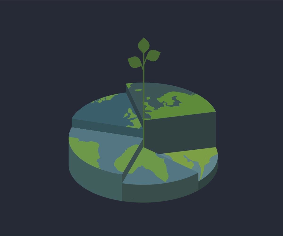 Forsideillustrasjon av et kakediagram med verdenskart og en spire.