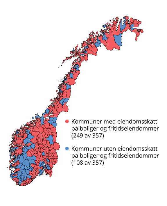 Figur 19.1 Kommuner med og uten eiendomsskatt på boliger og fritidseiendommer. 2025