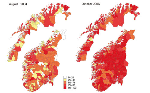 Figur 4.1 Estimert dekning i prosent blant huslydane fordelt på kommune
 per august 2004 og oktober 2006.