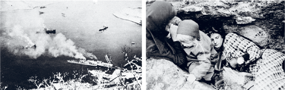 Figur 4.6 Til venstre: Fra kampene mellom britiske og tyske sjøkrigskrefter på havnen i Narvik 10. april 1940. Til høyre: Narvik under tysk flyangrep 1. juni 1940: Innbyggerne rømte byen og gjemte seg i fjellsprekker og huler. Her er en 5 år gammel jente samme...