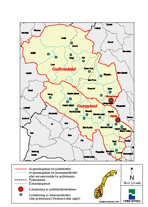 Figur 5-12 Kartutsnitt Oppland fylke – nåværende politidistriktsinndeling